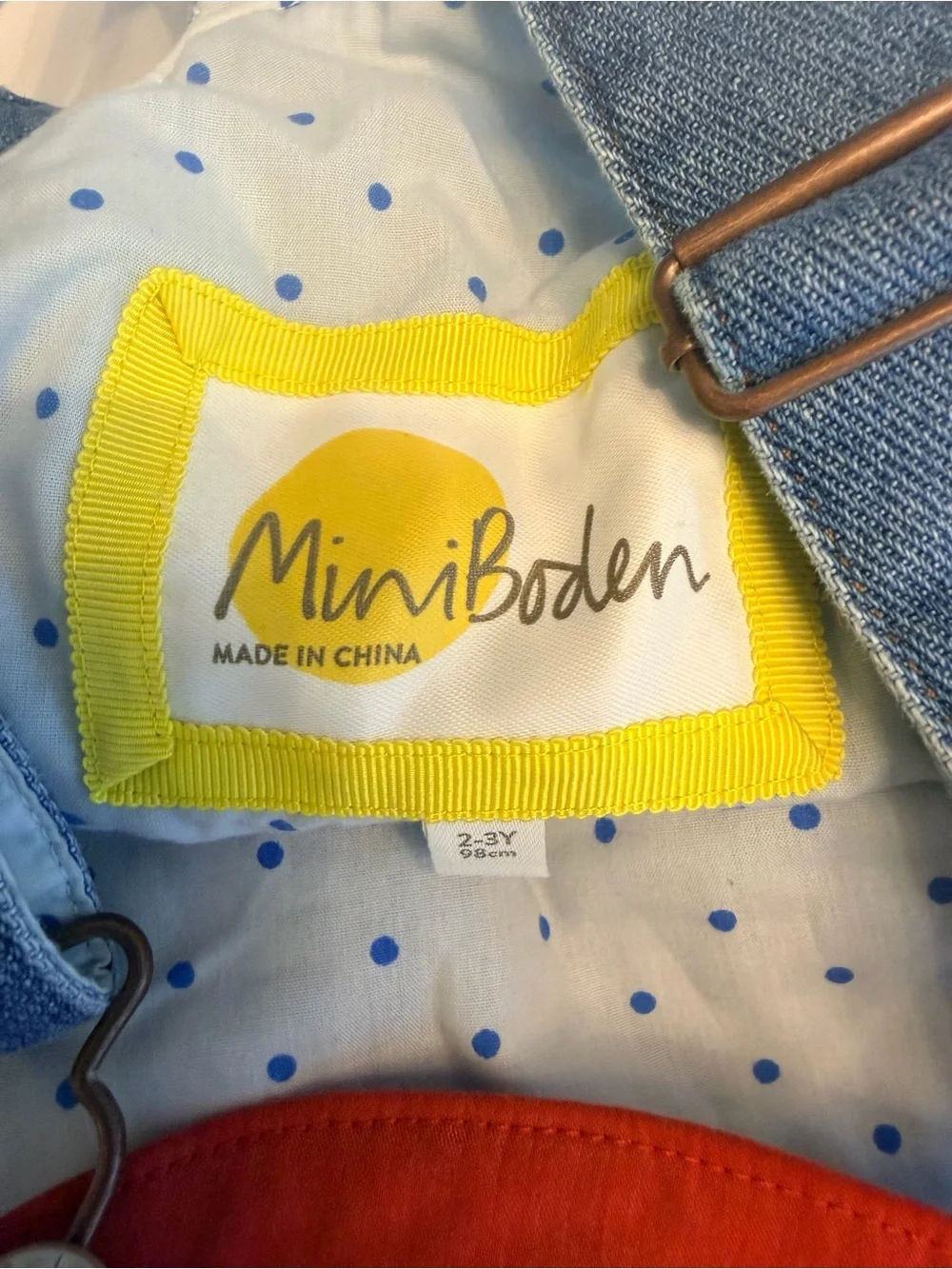 Mini Boden Rainbow Patch Denim Overalls - Blue with Red, Green, Yellow EUC